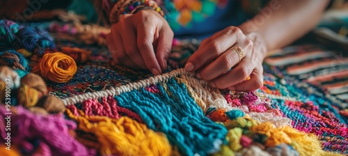 Detailed Close-Up of Hands Crafting Colorful Macramé Wall Hanging in Bohemian Style Living Room