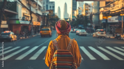 Urban explorer in vibrant city, facing busy street with iconic architecture in the background, showcasing travel and adventure vibes.