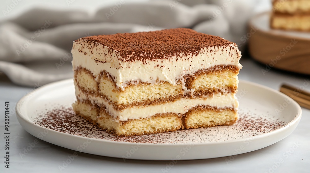 Tiramisu with layers of coffee-soaked ladyfingers, on a glossy white plate with a soft grey backdrop Tiramisu with layers of coffee-soaked ladyfingers, on a glossy white plate with a soft grey backdrop