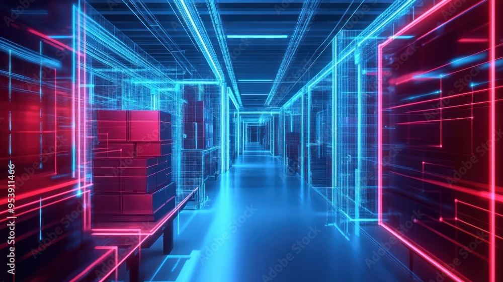 Neon-Lit Corridor with Stacked Boxes in a Virtual Reality Setting Neon-Lit Corridor with Stacked Boxes in a Virtual Reality Setting