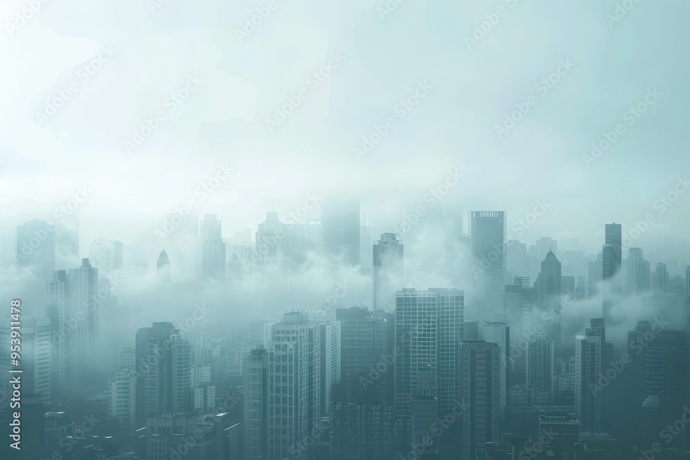 A serene city skyline enveloped in ethereal fog, showcasing towering buildings disappearing into misty hues. A serene city skyline enveloped in ethereal fog, showcasing towering buildings disappearing into misty hues.