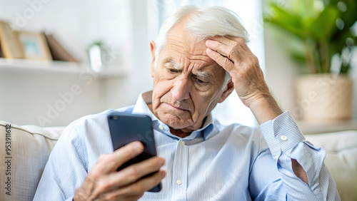 elderly man, nervous, scared and stressed holding a smartphone. scams and difficulties against elderly people, online payments, transactions, AI generated