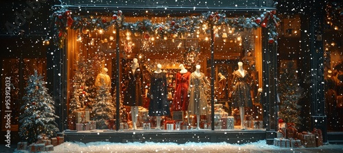 Festive Holiday Window Display with Mannequins in Winter Attire Amid Christmas Decorations and Twinkling Lights photo