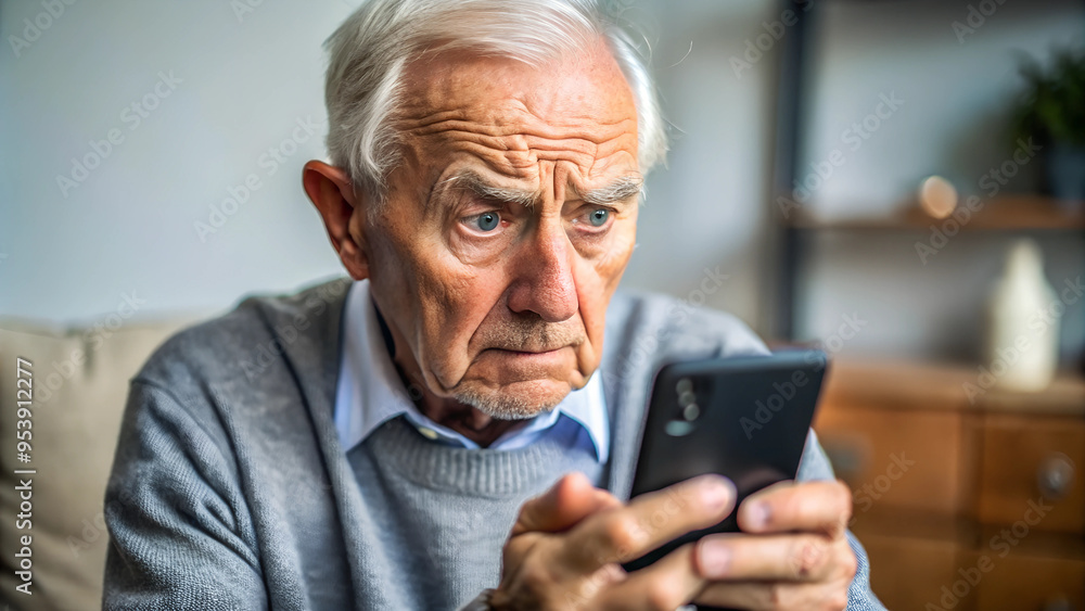 elderly man, nervous, scared and stressed holding a smartphone. scams and difficulties against elderly people, online payments, transactions elderly man, nervous, scared and stressed holding a smartphone. scams and difficulties against elderly people, online payments, transactions