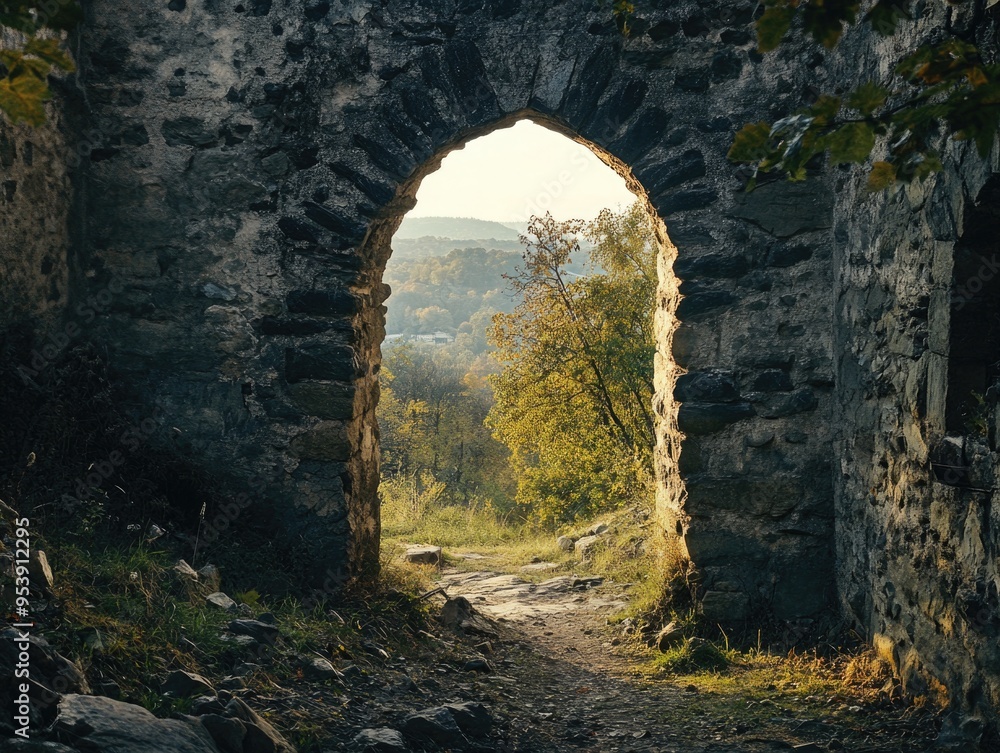 Forest view through stone arch Forest view through stone arch