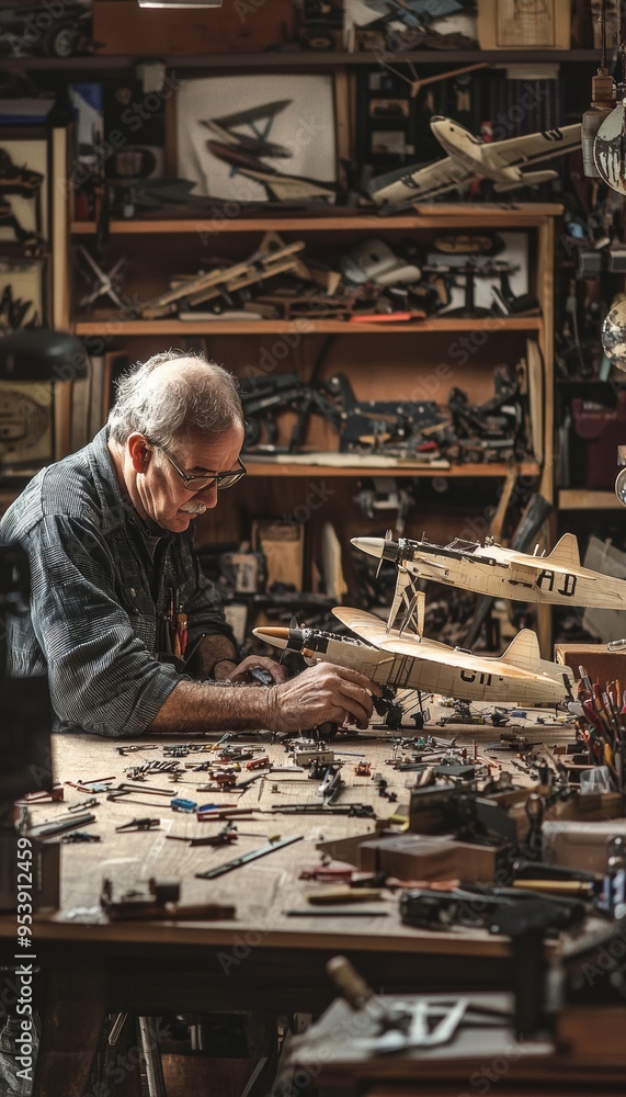 Passionate Craftsmanship: Man Building Model Airplane in Workshop for Aviation Enthusiasts and Hobbyists Passionate Craftsmanship: Man Building Model Airplane in Workshop for Aviation Enthusiasts and Hobbyists