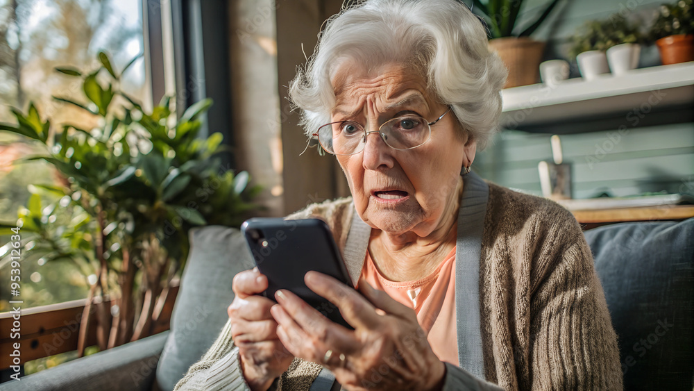 nervous, scared and stressed elderly lady holding a smartphone. scams and difficulties against elderly people, online payments, transactions, AI generated nervous, scared and stressed elderly lady holding a smartphone. scams and difficulties against elderly people, online payments, transactions, AI generated