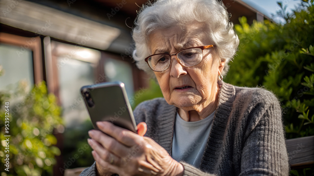 nervous, scared and stressed elderly lady holding a smartphone. scams and difficulties against elderly people, online payments, transactions, AI generated nervous, scared and stressed elderly lady holding a smartphone. scams and difficulties against elderly people, online payments, transactions, AI generated