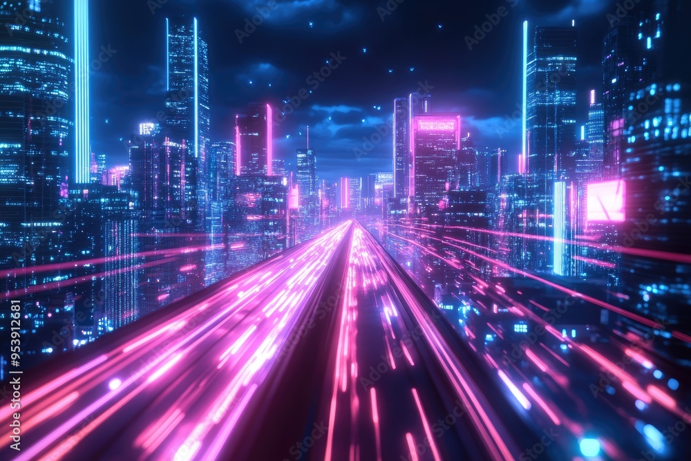 Futuristic Cityscape with Neon Lights and Speeding Traffic