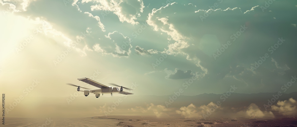 Naklejka premium A stunning aircraft ascends into the sky, illuminated by golden sun rays, capturing the essence of freedom and exploration.