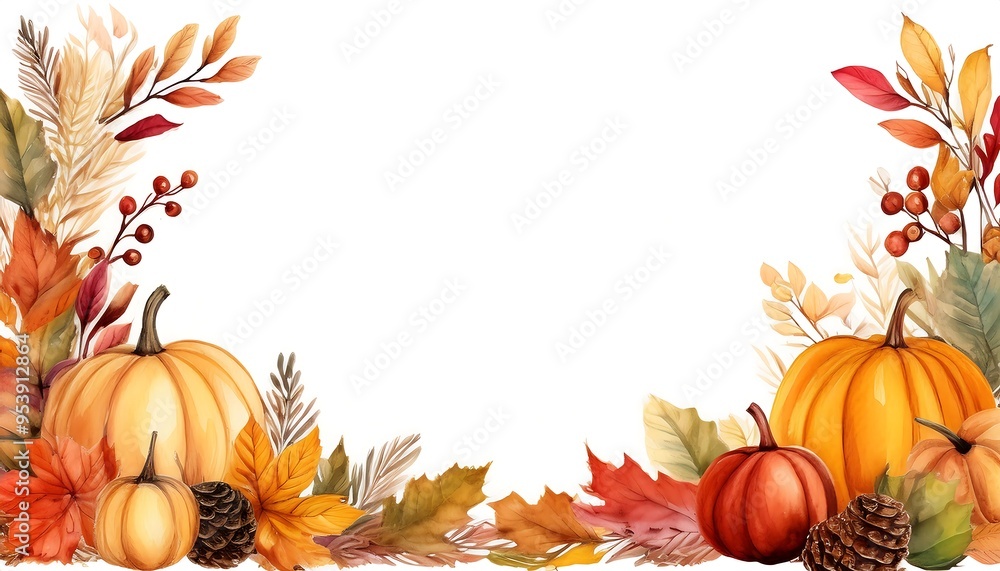Fototapeta premium Autumn-themed rectangular border watercolor painting with a white background, an autumn color palette
