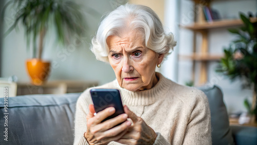 nervous, scared and stressed elderly lady holding a smartphone. scams and difficulties against elderly people, online payments, transactions, AI generated