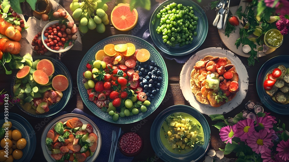 A colorful array of 3D-rendered brunch dishes featuring seasonal fruits and vegetables A colorful array of 3D-rendered brunch dishes featuring seasonal fruits and vegetables