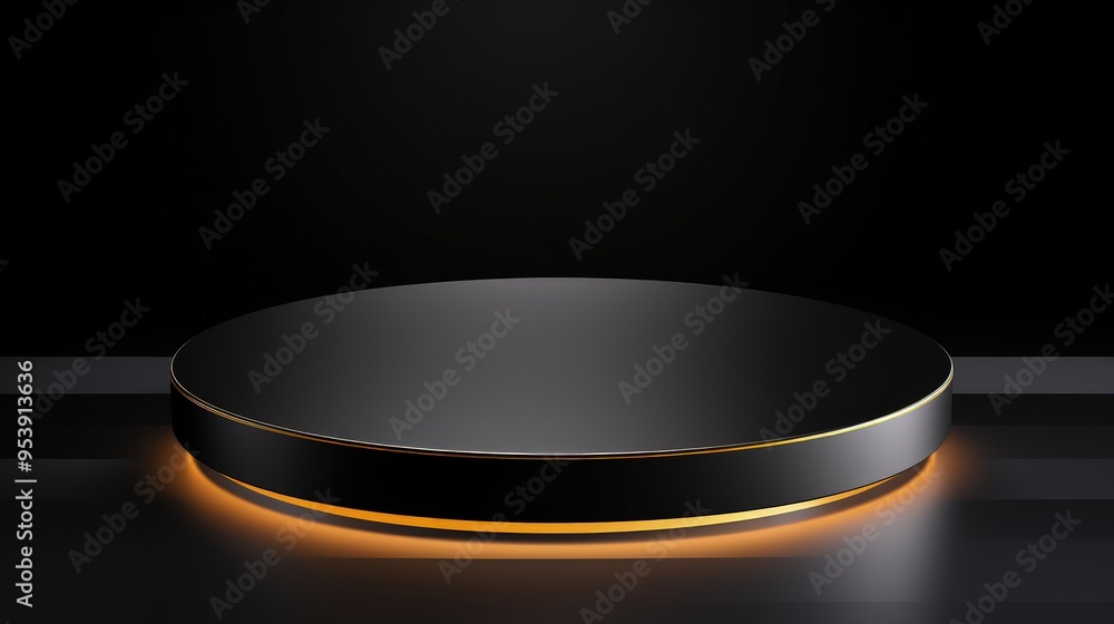 A sleek, circular display platform with a black surface and subtle golden lighting, ideal for showcasing products or presentations. A sleek, circular display platform with a black surface and subtle golden lighting, ideal for showcasing products or presentations.