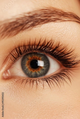 Close-up of a beautiful human eye with striking colors and detailed eyelashes, showcasing natural beauty and expression.