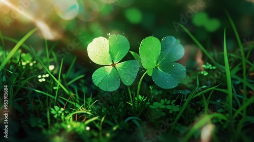 close up of clover leaves with sunlight and morning dew, smooth looping video 4k.