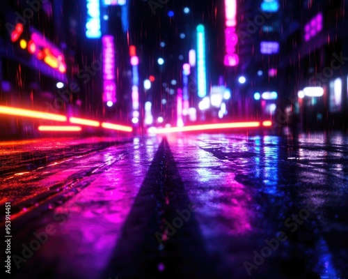 Wallpaper Mural Vibrant neon lights reflect on wet pavement in a bustling city street at night, creating a stunning urban landscape. Torontodigital.ca