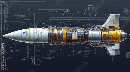 Fototapeta Naklejka Na Ścianę i Meble -  A detailed schematic of a spacecraft designed for long-duration space travel and interplanetary colonization