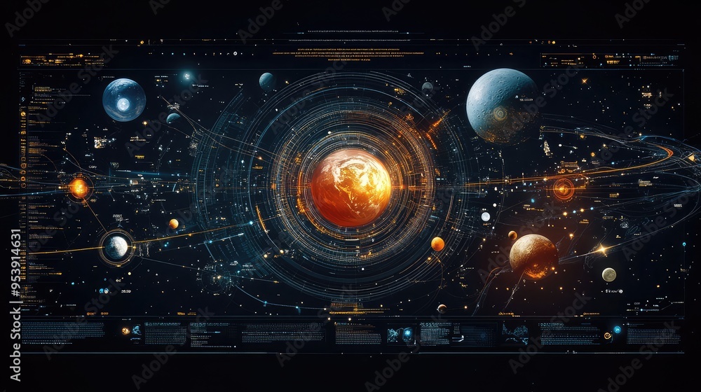 Obraz premium A digital map showing planned interplanetary routes and potential colonization sites across the solar system