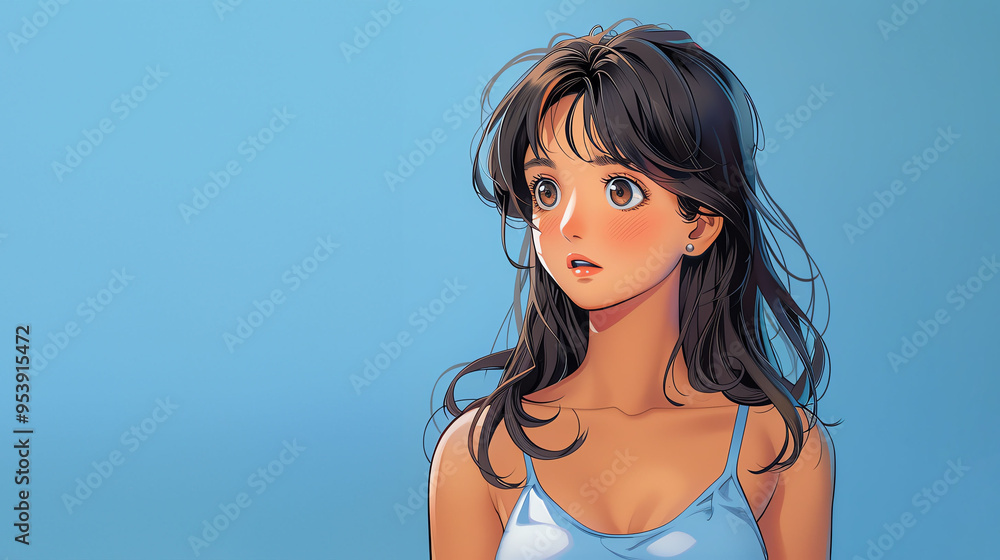 Animestyle girl in two poses, serene and cheerful, blue backdrop Animestyle girl in two poses, serene and cheerful, blue backdrop