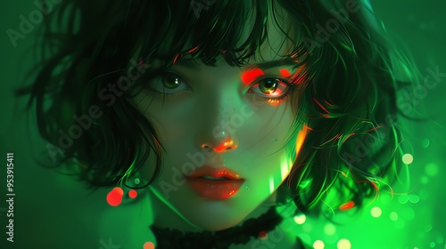 Anime girl with short hair, devilish grin, neon lights, simple green background, playful