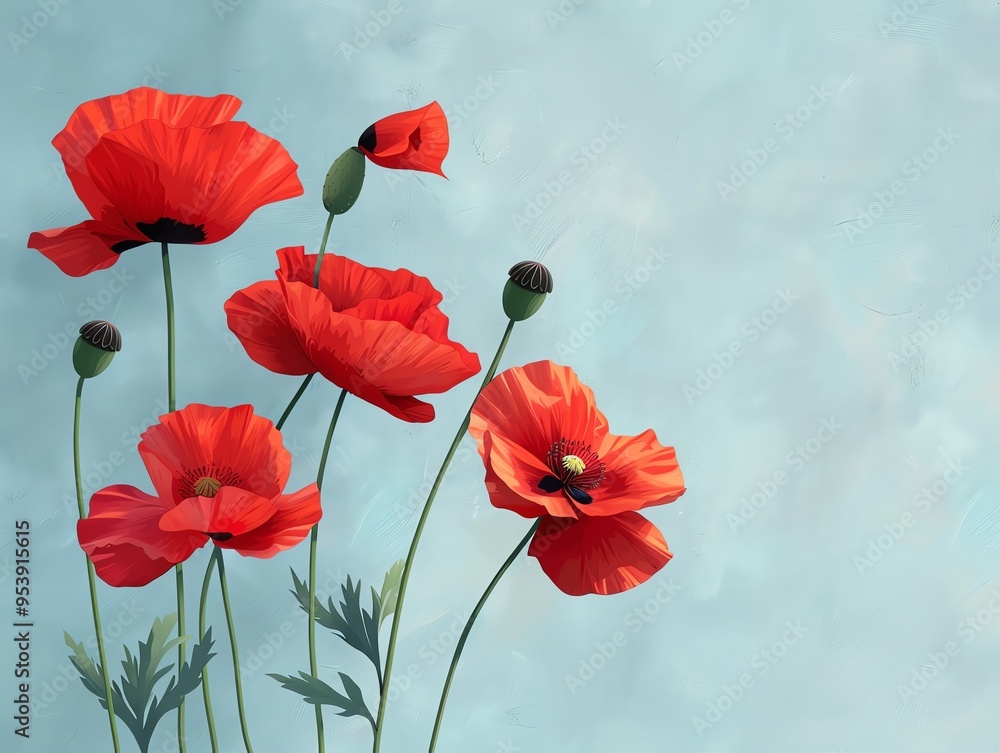 Obraz premium Bright red poppies, simple background, flat design, vibrant and bold, side view, light blue backdrop