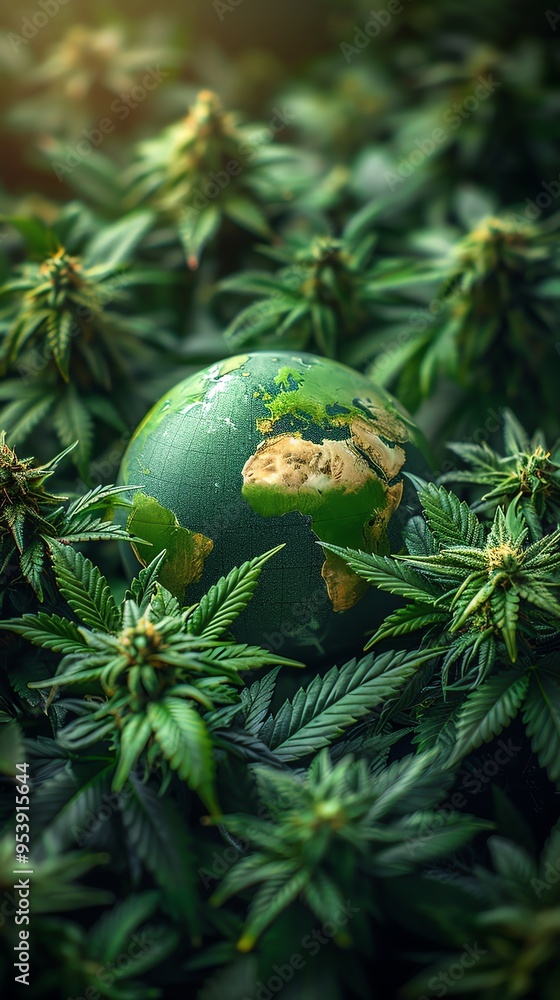 Cannabis plants with globe, nature and global connection Cannabis plants with globe, nature and global connection