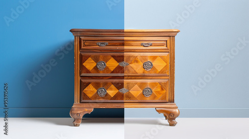 before and after image of a restored antique wooden furniture piece