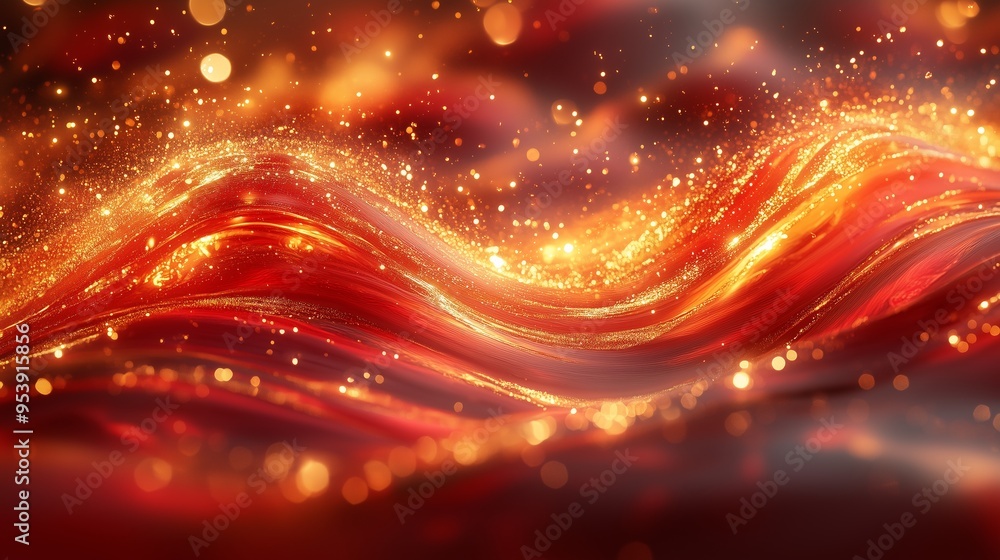 Obraz premium Vibrant red and gold liquid, glassy texture, swirls, flowing waves of light.
