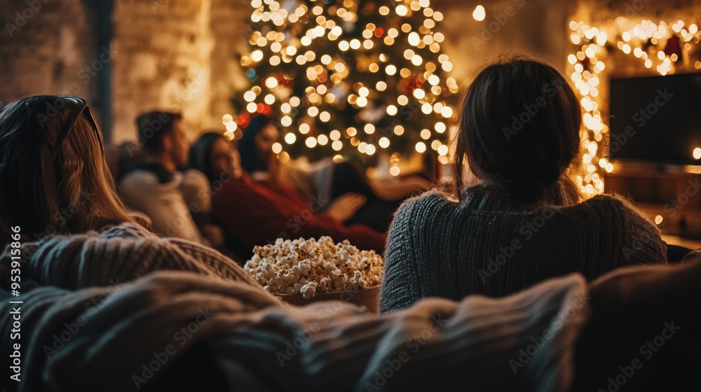 Cozy Christmas Movie Night with Friends and Popcorn in a Decorated Room with Holiday Lights Cozy Christmas Movie Night with Friends and Popcorn in a Decorated Room with Holiday Lights