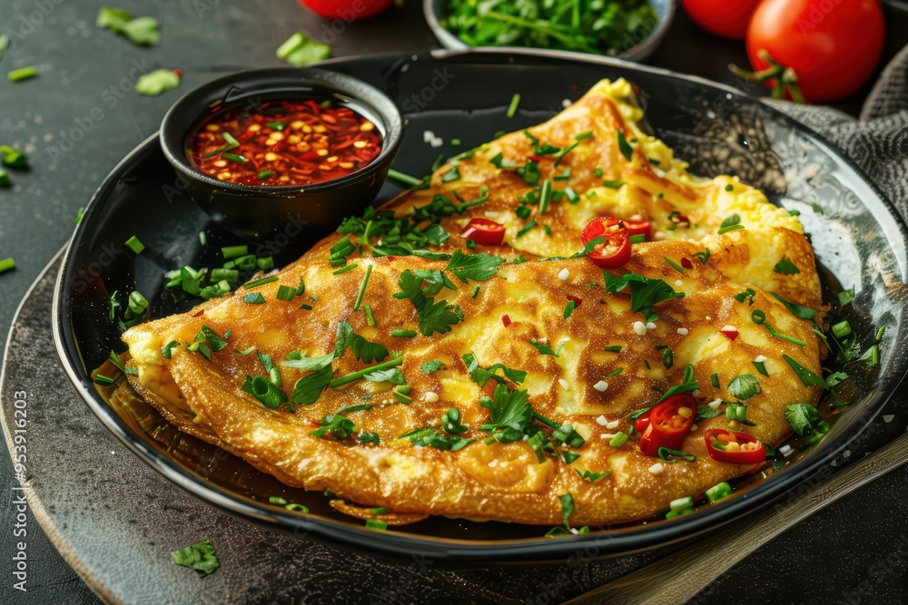 Delicious freshly made omelette served with herbs and spicy sauce, perfect for breakfast or brunch. Delicious freshly made omelette served with herbs and spicy sauce, perfect for breakfast or brunch.
