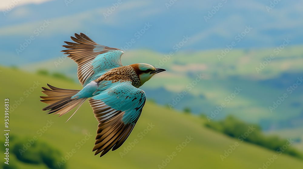 European Roller bird, hunting insects in the air, against a backdrop of green European hills and warm evening sky, Ai generated images European Roller bird, hunting insects in the air, against a backdrop of green European hills and warm evening sky, Ai generated images