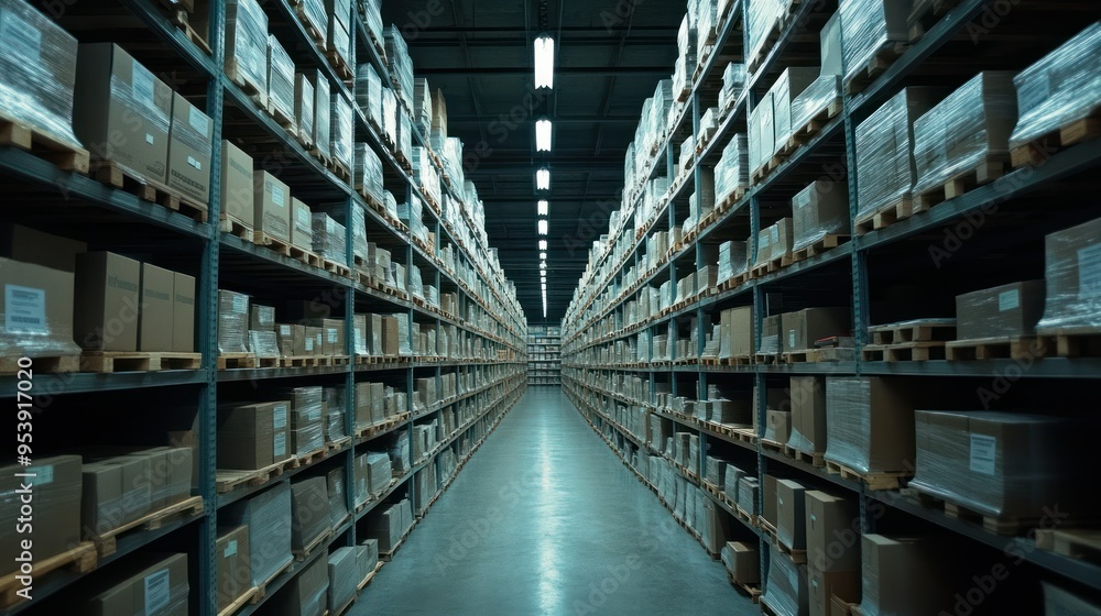 Long Rows of Cardboard Boxes Stacked on Shelves in a Warehouse Long Rows of Cardboard Boxes Stacked on Shelves in a Warehouse