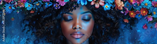 Wallpaper Mural Woman with floral headdress, blue lighting, vibrant flowers, serene and dreamy Torontodigital.ca