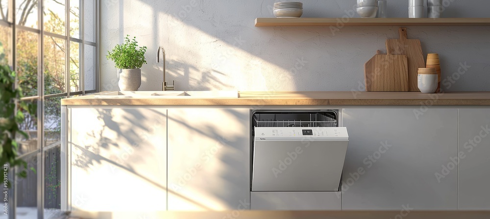 Minimalist Kitchen with Modern Dishwashing Machine Featuring Large Color-Coded Buttons Minimalist Kitchen with Modern Dishwashing Machine Featuring Large Color-Coded Buttons