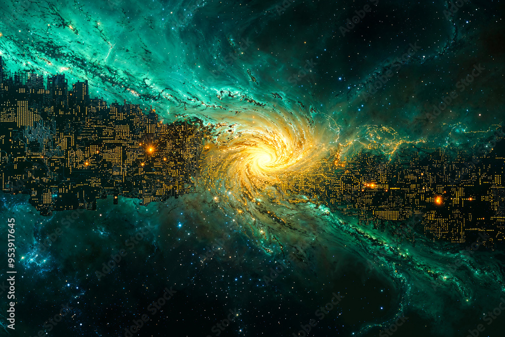 Galaxy with electronic PCB printed circuit board, universe simulation hypothesis concept Galaxy with electronic PCB printed circuit board, universe simulation hypothesis concept