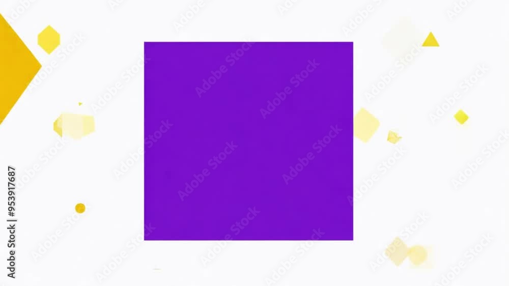 Minimalist design with a purple square centered on a white background and small yellow geometric shapes around. Minimalist design with a purple square centered on a white background and small yellow geometric shapes around.