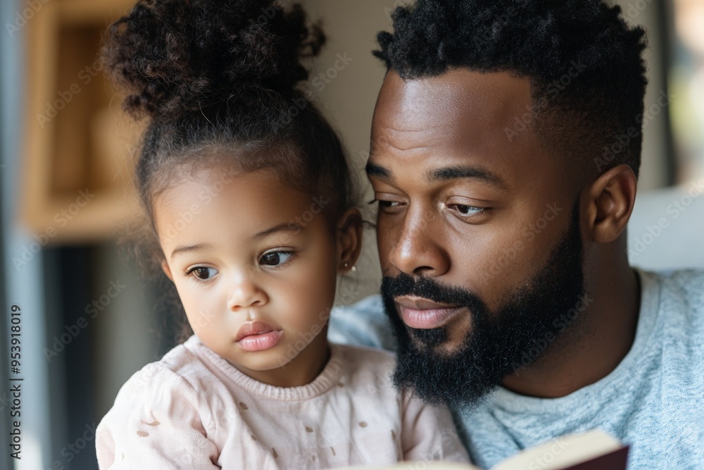 A father with a beard and his young daughter share a moment as he reads to her. Their serious expressions suggest deep concentration and bonding over the story. A father with a beard and his young daughter share a moment as he reads to her. Their serious expressions suggest deep concentration and bonding over the story.