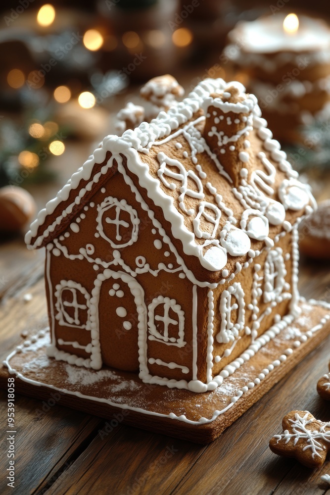 Festive gingerbread house with intricate icing details, surrounded by holiday decorations and warm lights. Festive gingerbread house with intricate icing details, surrounded by holiday decorations and warm lights.