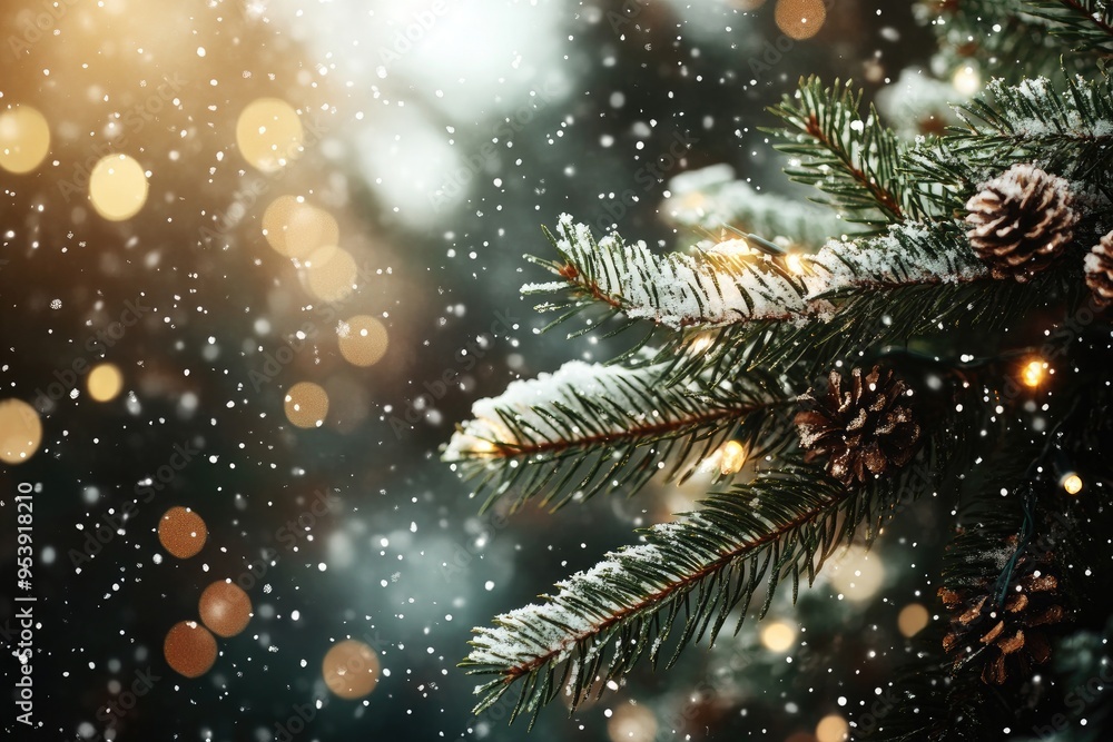 Snow-Covered Pine Branch with Pinecones and Warm Lights Snow-Covered Pine Branch with Pinecones and Warm Lights