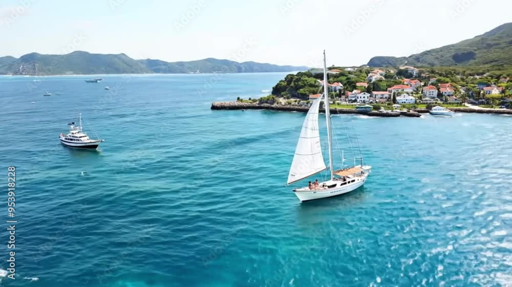 Vibrant aerial shot of a sailing boat cruising near a lush coastline under clear blue skies. Vibrant aerial shot of a sailing boat cruising near a lush coastline under clear blue skies.