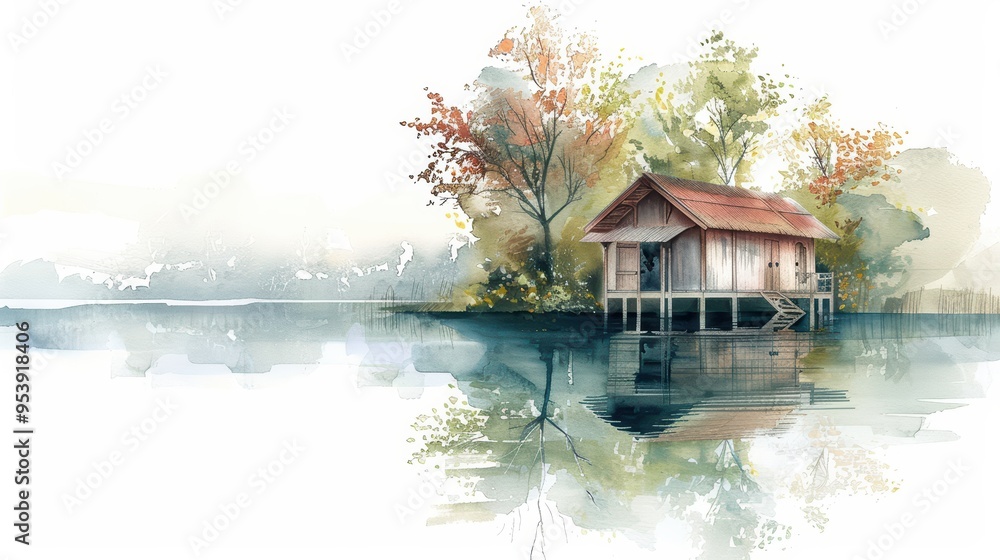 Fototapeta premium Serene watercolor painting of a tranquil lake house surrounded by vibrant trees, reflecting beauty in calm waters.