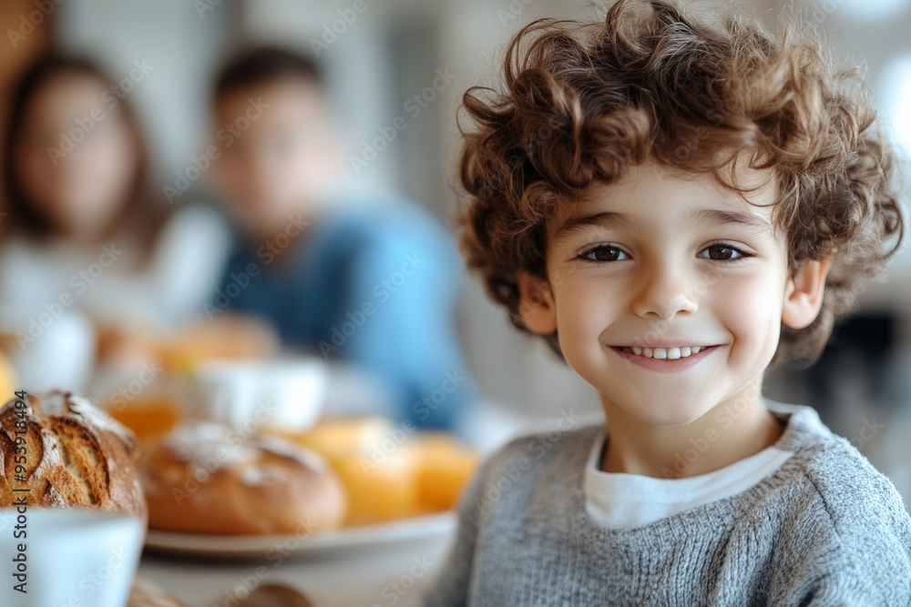 A cheerful curly-haired boy smiles at the breakfast table with assorted pastries and blurred family members in the background, capturing a joyful morning family scene. A cheerful curly-haired boy smiles at the breakfast table with assorted pastries and blurred family members in the background, capturing a joyful morning family scene.