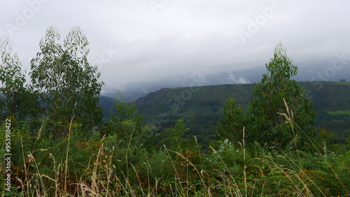 Bel environnement de verdure lors de forte saison de pluie, zone des Astéries en Espagne, avec ses montagnes, ses maisons colorées d'antiquité, sa couche de nuages au sommet des montagnes, temps