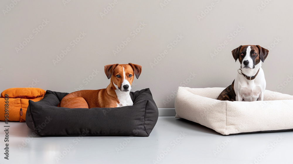 various pet beds in different sizes and styles, arranged in a showroom-like setting various pet beds in different sizes and styles, arranged in a showroom-like setting