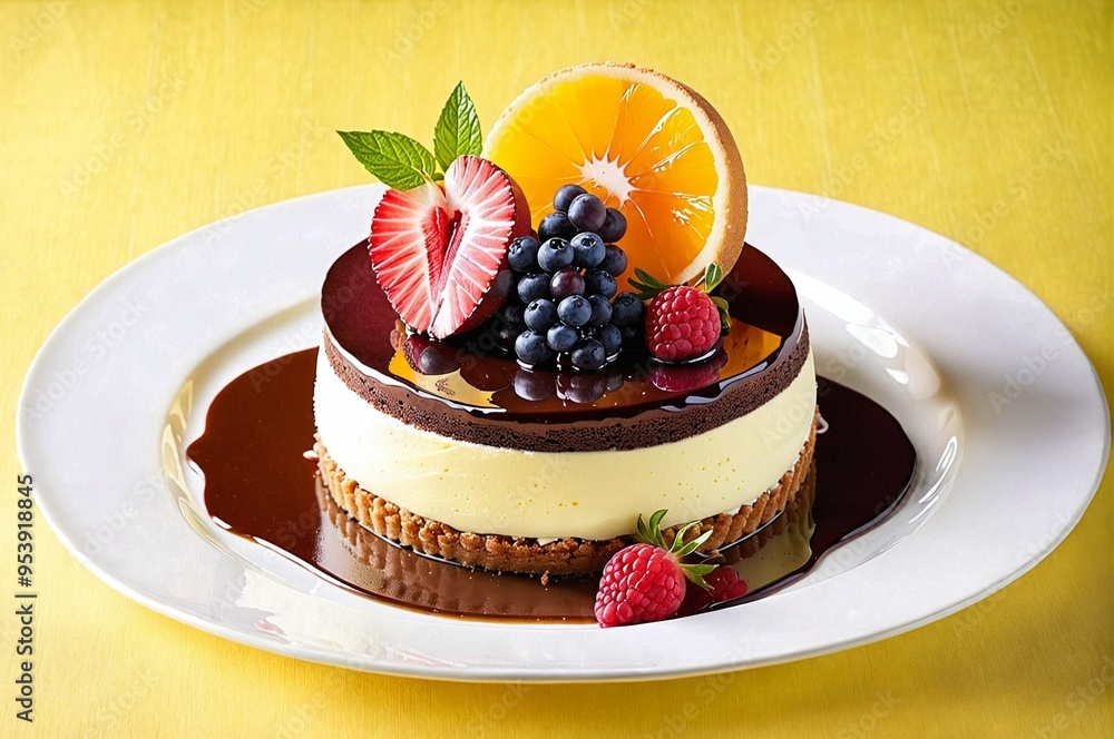 Three plates of dessert with strawberries, blueberries, and raspberries on top. The desserts are on a wooden table Three plates of dessert with strawberries, blueberries, and raspberries on top. The desserts are on a wooden table