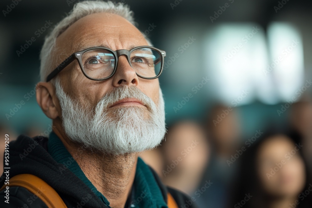 An elderly man with a white beard and glasses, dressed in a hoodie and carrying a backpack, looks towards something while at an indoor location with blurred background figures. An elderly man with a white beard and glasses, dressed in a hoodie and carrying a backpack, looks towards something while at an indoor location with blurred background figures.