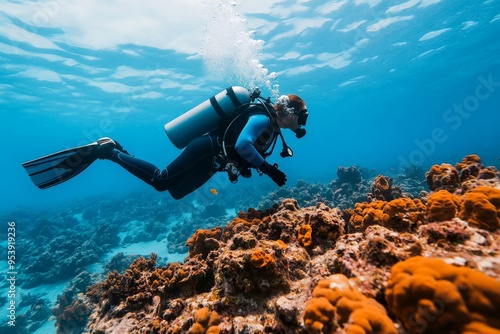 Fototapeta Naklejka Na Ścianę i Meble -  A scuba diver in full gear is swimming over a vibrant coral reef in clear blue ocean water, showcasing the beauty and diversity of marine life in the underwater environment.