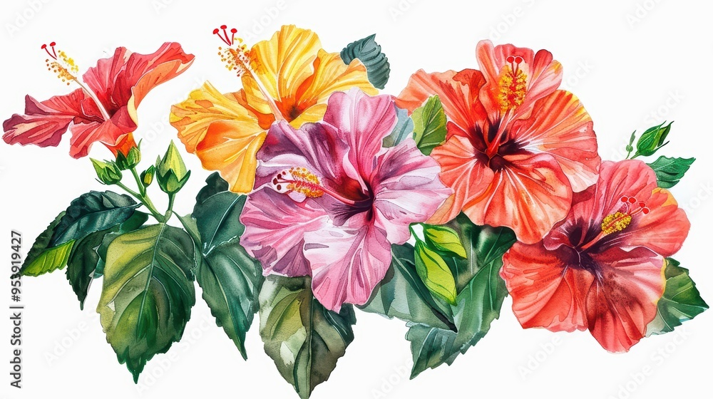 Vibrant hibiscus flowers in various colors, showcasing intricate details and lush green leaves, perfect for tropical-themed designs. Vibrant hibiscus flowers in various colors, showcasing intricate details and lush green leaves, perfect for tropical-themed designs.