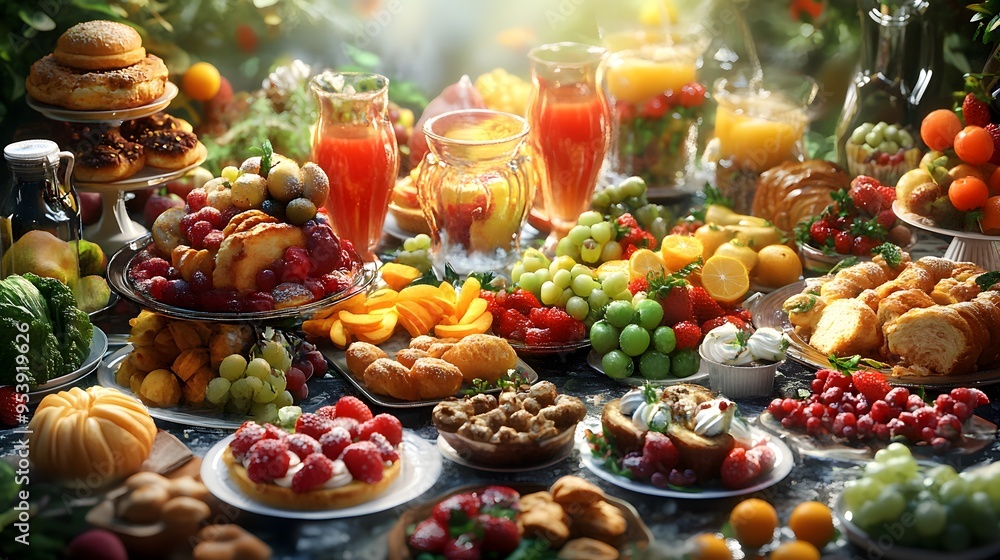A colorful brunch spread with 3D-rendered fresh fruits vegetables and pastries A colorful brunch spread with 3D-rendered fresh fruits vegetables and pastries